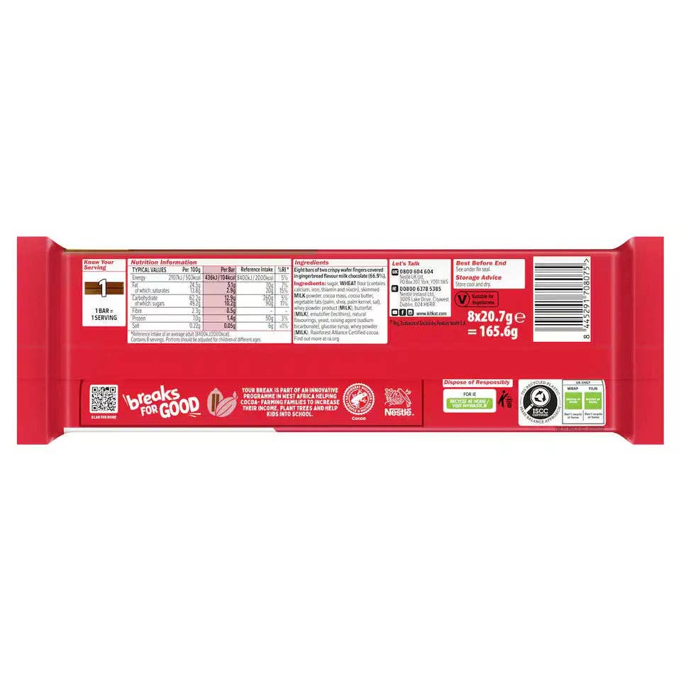Kit Kat 2 Finger Gingerbread Chocolate Bar  UK Multipack, 8 Pack 20.7g CASE  20 count - Image 2